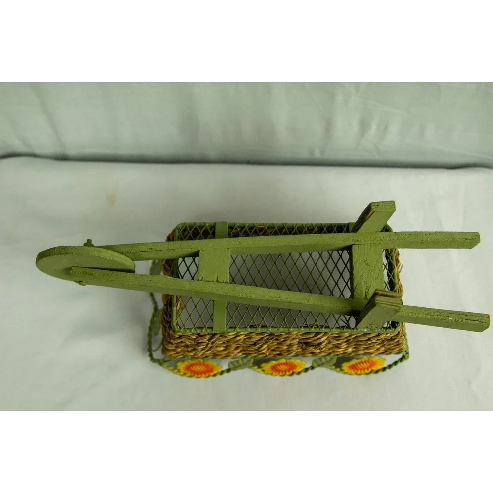 Vintage Style Wicker Wheelbarrow Planter Sunflower Metal Garden Decor Green